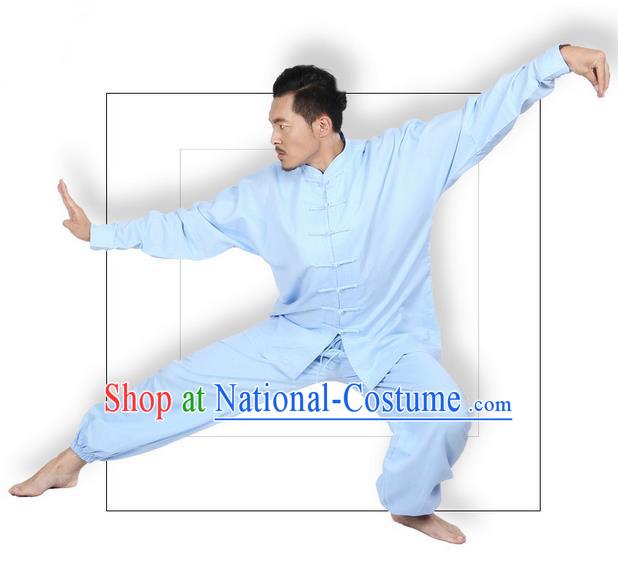 Top Grade Kung Fu Costume Martial Arts Blue Linen Suits Pulian Zen Clothing, Training Costume Tai Ji Meditation Uniforms Gongfu Wushu Tai Chi Plated Buttons Clothing for Men