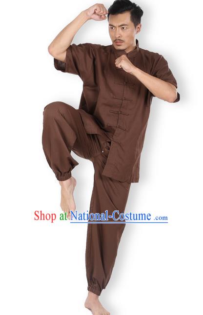 Top Grade Kung Fu Costume Martial Arts Coffee Linen Suits Pulian Zen Clothing, Training Costume Tai Ji Meditation Uniforms Gongfu Wushu Tai Chi Short Sleeve Clothing for Men