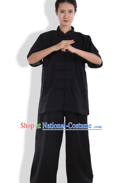 Top Grade Kung Fu Costume Martial Arts Black Linen Suits Pulian Zen Clothing, Training Costume Tai Ji Meditation Uniforms Gongfu Wushu Tai Chi Short Sleeve Clothing for Women