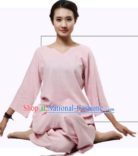 Top Grade Kung Fu Costume Martial Arts Pink Linen Suits Pulian Clothing, Zen Costume Tai Ji Meditation Uniforms Wushu Tai Chi Short Sleeve Clothing for Women