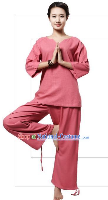 Top Grade Kung Fu Costume Martial Arts Rose Linen Suits Pulian Clothing, Zen Costume Tai Ji Meditation Uniforms Wushu Tai Chi Short Sleeve Clothing for Women