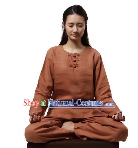 Top Grade Kung Fu Costume Martial Arts Rusty Red Linen Suits Pulian Clothing, Zen Costume Tai Ji Meditation Uniforms Wushu Tai Chi Long Sleeve Clothing for Women