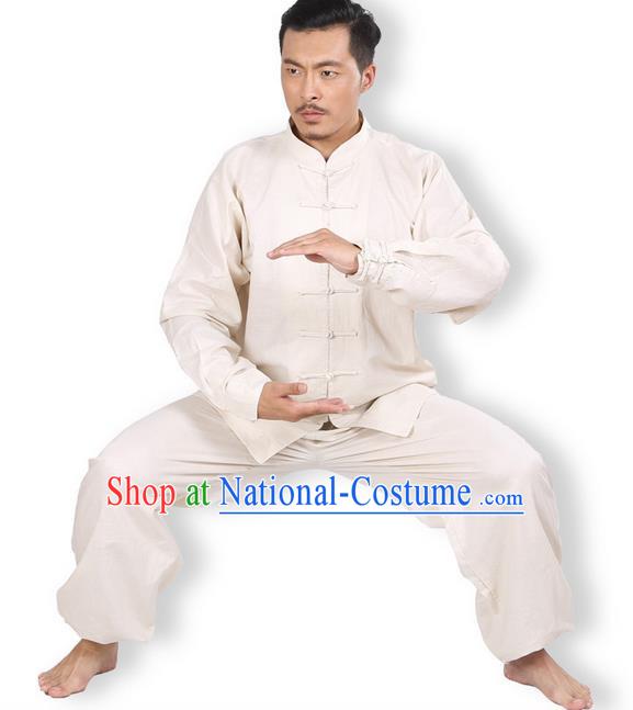 Top Grade Kung Fu Costume Martial Arts Beige Linen Suits Pulian Zen Clothing, Training Costume Tai Ji Meditation Uniforms Gongfu Wushu Tai Chi Plated Buttons Clothing for Men