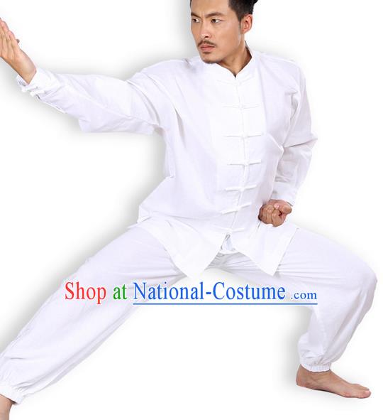 Top Grade Kung Fu Costume Martial Arts White Linen Suits Pulian Zen Clothing, Training Costume Tai Ji Meditation Uniforms Gongfu Wushu Tai Chi Plated Buttons Clothing for Men