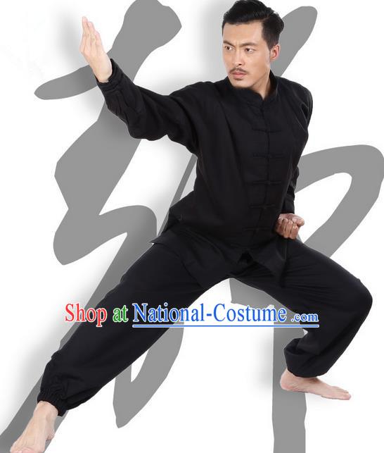 Top Grade Kung Fu Costume Martial Arts Black Linen Suits Pulian Zen Clothing, Training Costume Tai Ji Meditation Uniforms Gongfu Wushu Tai Chi Plated Buttons Clothing for Men