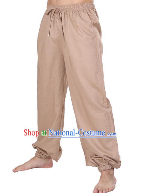 Top Grade Kung Fu Costume Martial Arts Khaki Linen Pants Pulian Zen Clothing, Training Bloomers Gongfu Meditation Trousers Shaolin Wushu Tai Chi Plus Fours for Men