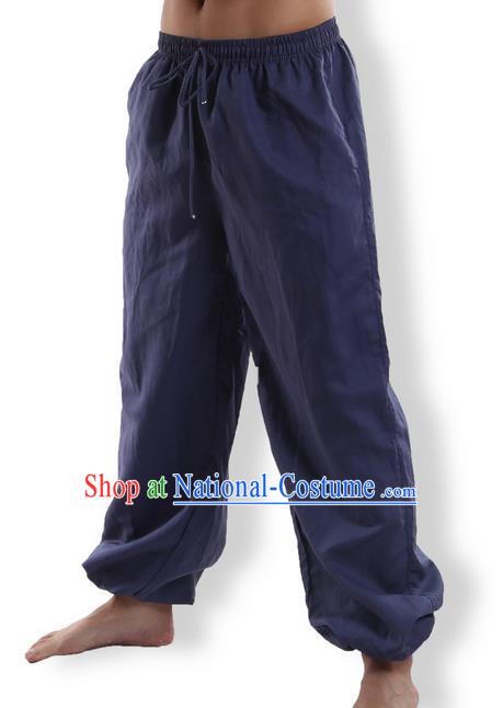 Top Grade Kung Fu Costume Martial Arts Navy Linen Pants Pulian Zen Clothing, Training Bloomers Gongfu Meditation Trousers Shaolin Wushu Tai Chi Plus Fours for Men