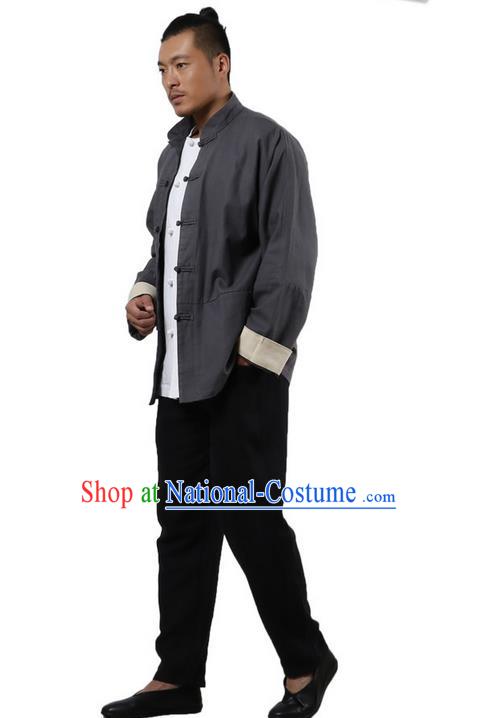 Top Grade Chinese Kung Fu Costume Martial Arts Grey Linen Coats Pulian Clothing, Gongfu Meditation Shaolin Wushu Tai Chi Tang Suit Jacket for Men