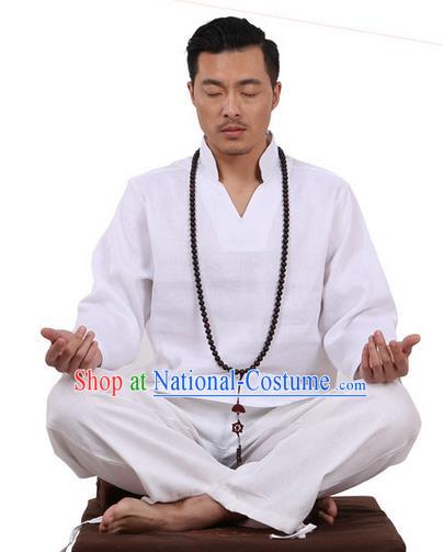 Traditional Chinese Kung Fu Costume Martial Arts White Linen Training Suits Pulian Clothing, Tai Ji Meditation Uniforms Gongfu Wushu Tai Chi Clothing for Men