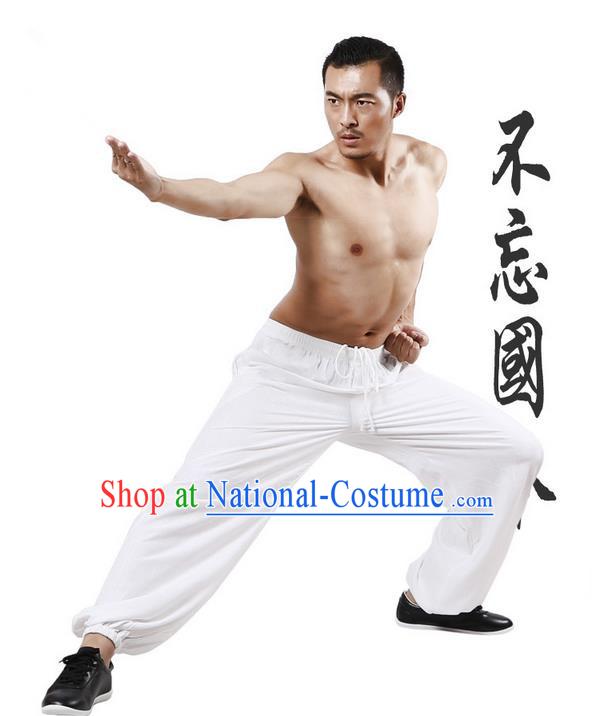 Top Grade Kung Fu Costume Martial Arts White Linen Pants Pulian Training Bloomers, Gongfu Trousers Shaolin Wushu Tai Chi Plus Fours for Men