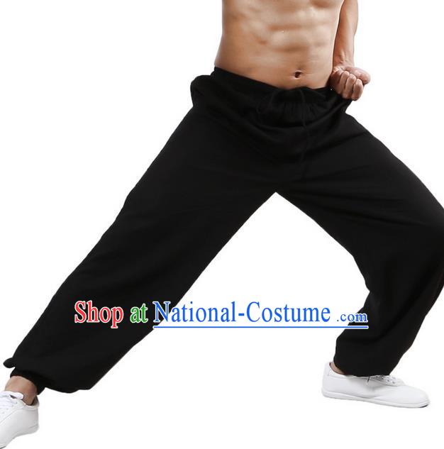 Top Grade Kung Fu Costume Martial Arts Black Linen Pants Pulian Training Bloomers, Gongfu Trousers Shaolin Wushu Tai Chi Plus Fours for Men