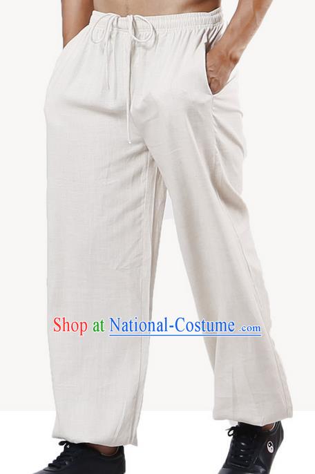 Top Grade Kung Fu Costume Martial Arts Beige Linen Pants Pulian Training Bloomers, Gongfu Trousers Shaolin Wushu Tai Chi Plus Fours for Men