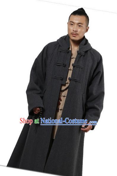 Top Grade Kung Fu Costume Martial Arts Woolen Pulian Clothing Grey Long Coat, Gongfu Shaolin Wushu Tai Chi Tang Suit Meditation Dust Coat for Women for Men