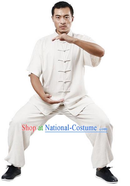 Traditional Chinese Kung Fu Costume Martial Arts Linen White Suits Pulian Meditation Clothing, Tang Suit Plated Buttons Uniforms Tai Chi Clothing for Women for Men