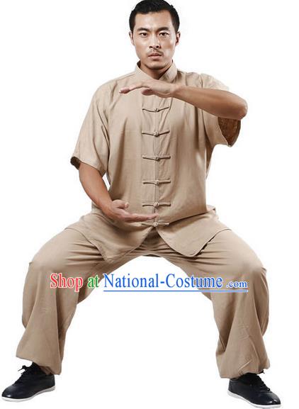 Traditional Chinese Kung Fu Costume Martial Arts Linen Khaki Suits Pulian Meditation Clothing, Tang Suit Plated Buttons Uniforms Tai Chi Clothing for Women for Men