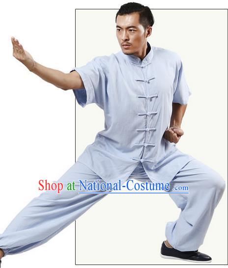 Traditional Chinese Kung Fu Costume Martial Arts Linen Blue Suits Pulian Meditation Clothing, Tang Suit Plated Buttons Uniforms Tai Chi Clothing for Women for Men