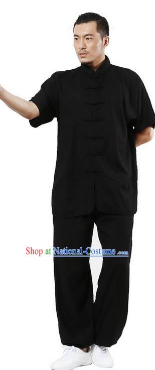 Traditional Chinese Kung Fu Costume Martial Arts Linen Black Suits Pulian Meditation Clothing, Tang Suit Plated Buttons Uniforms Tai Chi Clothing for Men