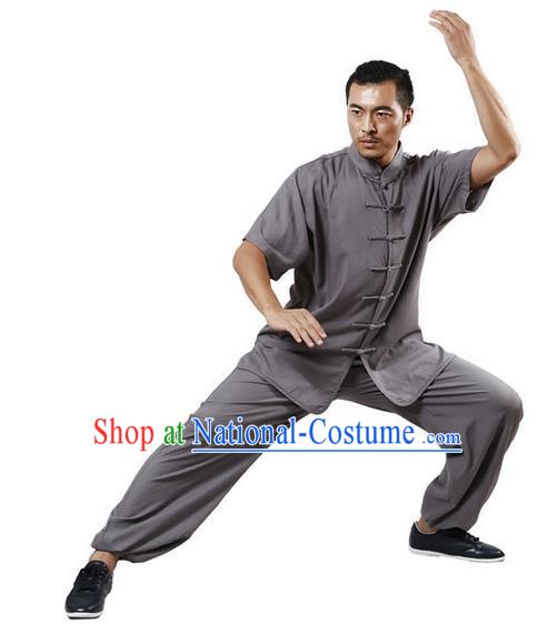 Traditional Chinese Kung Fu Costume Martial Arts Linen Grey Suits Pulian Meditation Clothing, Tang Suit Plated Buttons Uniforms Tai Chi Clothing for Men