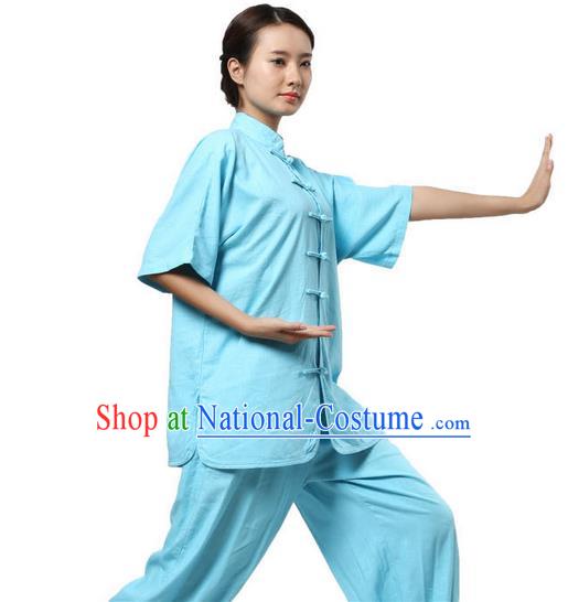 Traditional Chinese Kung Fu Costume Martial Arts Linen Blue Suits Pulian Meditation Clothing, Tang Suit Plated Buttons Uniforms Tai Chi Clothing for Women