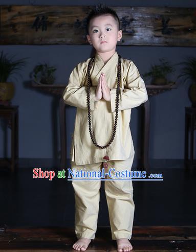 Traditional Chinese Kung Fu Costume Martial Arts Litter Monk Suits Pulian Meditation Clothing, Children Tang Suit Uniforms Tai Chi Beige Clothing for Kids