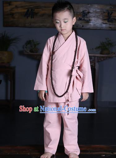 Traditional Chinese Kung Fu Costume Martial Arts Litter Monk Suits Pulian Meditation Clothing, Children Tang Suit Uniforms Tai Chi Pink Clothing for Kids