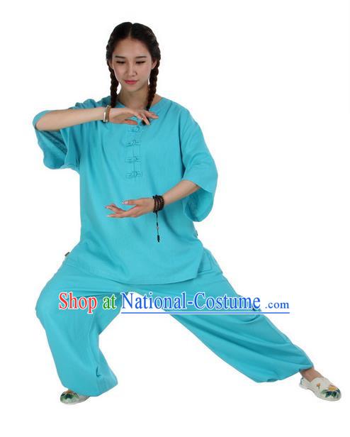 Traditional Chinese Kung Fu Costume Martial Arts Linen Suits Pulian Meditation Clothing, China Tang Suit Uniforms Tai Chi Blue Clothing for Women