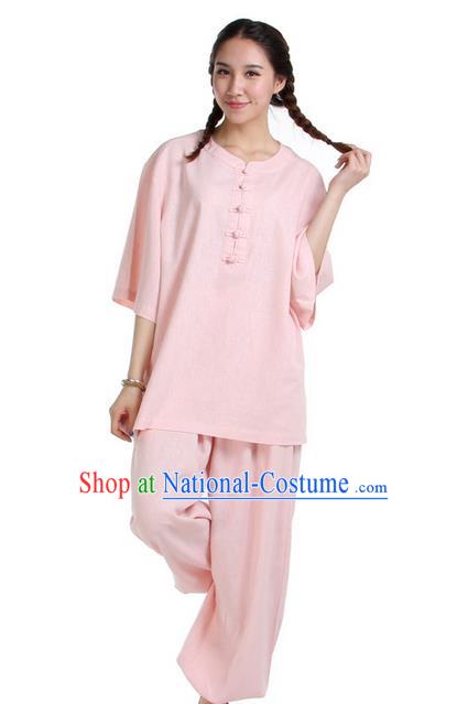 Traditional Chinese Kung Fu Costume Martial Arts Linen Suits Pulian Meditation Clothing, China Tang Suit Uniforms Tai Chi Pink Clothing for Women