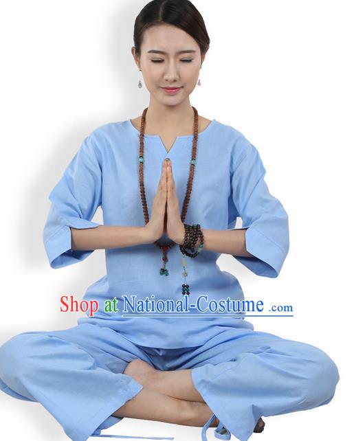 Traditional Chinese Kung Fu Costume Martial Arts Linen Blue Suits Pulian Meditation Clothing, China Tang Suit Yoga Uniforms Tai Chi Clothing for Women