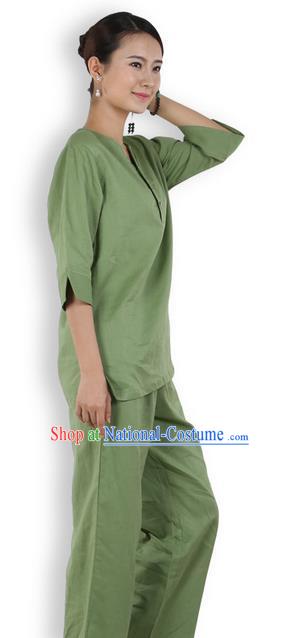 Traditional Chinese Kung Fu Costume Martial Arts Linen Green Suits Pulian Meditation Clothing, China Tang Suit Yoga Uniforms Tai Chi Clothing for Women