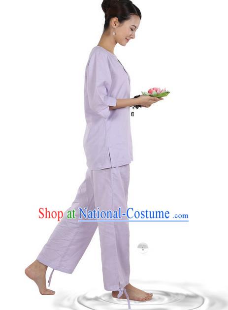 Traditional Chinese Kung Fu Costume Martial Arts Linen Light Purple Suits Pulian Meditation Clothing, China Tang Suit Yoga Uniforms Tai Chi Clothing for Women