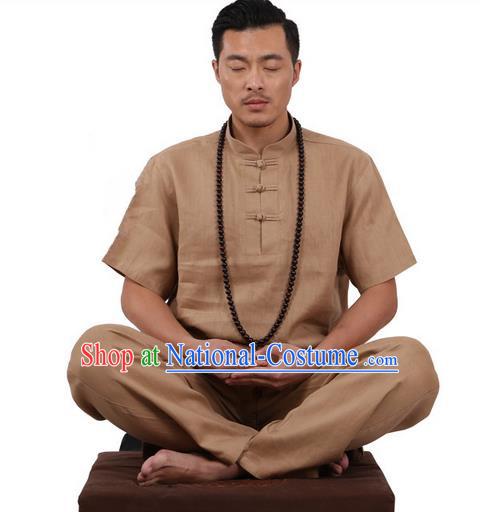 Traditional Chinese Kung Fu Costume Martial Arts Linen Plated Buttons Khaki Suits Pulian Meditation Clothing, China Tang Suit Uniforms Tai Chi Clothing for Men