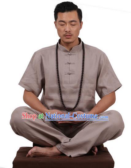 Traditional Chinese Kung Fu Costume Martial Arts Linen Plated Buttons Grey Suits Pulian Meditation Clothing, China Tang Suit Uniforms Tai Chi Clothing for Men