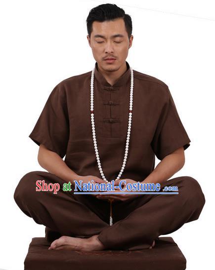 Traditional Chinese Kung Fu Costume Martial Arts Linen Plated Buttons Coffee Suits Pulian Meditation Clothing, China Tang Suit Uniforms Tai Chi Clothing for Men