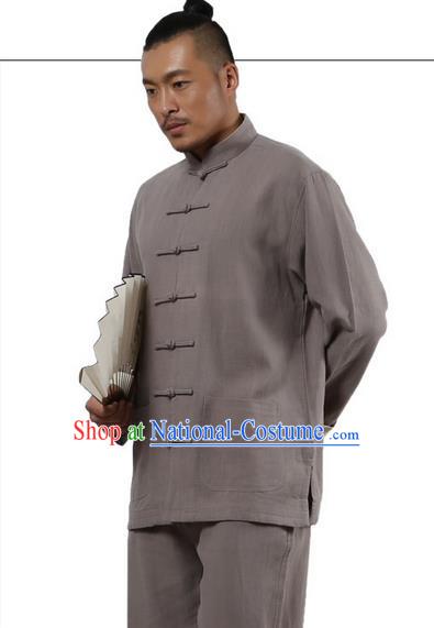 Traditional Chinese Kung Fu Costume Martial Arts Grey Ramine Suits Pulian Meditation Clothing, Tai Ji Uniforms Wushu Tai Chi Zen Clothing for Men