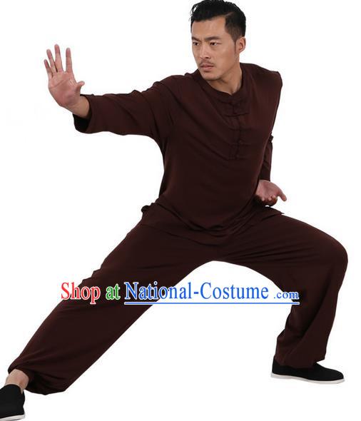 Traditional Chinese Kung Fu Costume Martial Arts Linen Plated Buttons Coffee Suits Pulian Meditation Clothing, China Tang Suit Uniforms Tai Chi Clothing for Men