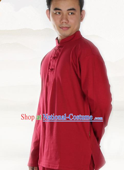 Traditional Chinese Kung Fu Costume Martial Arts Linen Plated Buttons Red Shirt Pulian Meditation Clothing, China Tang Suit T-Shirts Tai Chi Clothing for Men