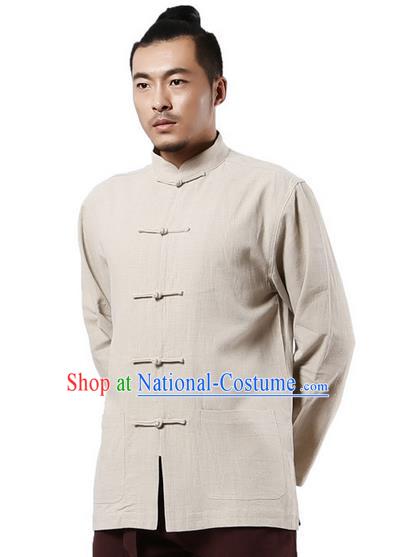 Traditional Chinese Kung Fu Costume Martial Arts Linen Plated Buttons Beige Overshirt Pulian Clothing, China Tang Suit Shirt Tai Chi Clothing for Men