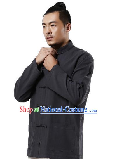 Traditional Chinese Kung Fu Costume Martial Arts Linen Plated Buttons Grey Overshirt Pulian Clothing, China Tang Suit Shirt Tai Chi Clothing for Men