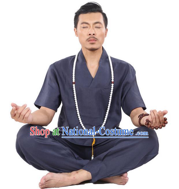 Traditional Chinese Kung Fu Costume Martial Arts Linen Navy Suits Pulian Clothing, China Tang Suit Uniforms Tai Chi Meditation Clothing for Men