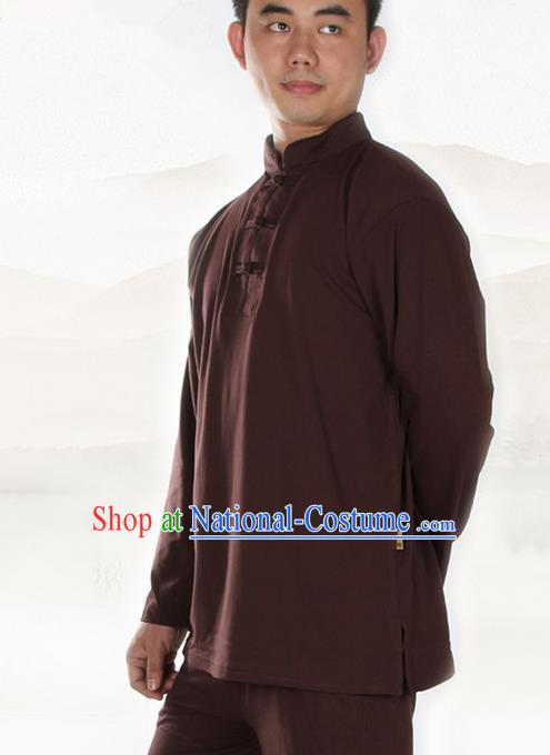 Traditional Chinese Kung Fu Costume Martial Arts Linen Plated Buttons Coffee Shirt Pulian Meditation Clothing, China Tang Suit T-Shirts Tai Chi Clothing for Men