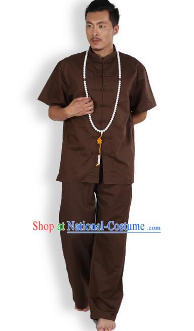 Traditional Chinese Kung Fu Costume Martial Arts Ice Silk Linen Short Sleeve Coffee Suits Pulian Clothing, China Tang Suit Uniforms Tai Chi Meditation Clothing for Men