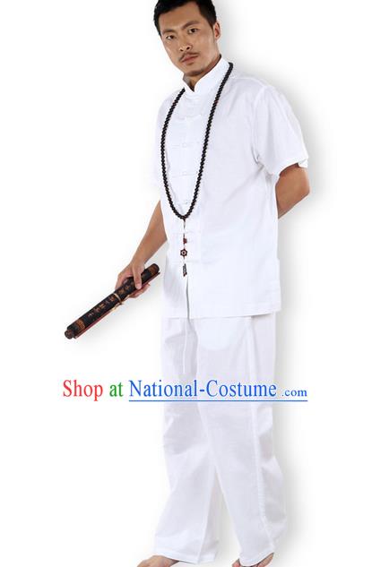 Traditional Chinese Kung Fu Costume Martial Arts Ice Silk Linen Short Sleeve White Suits Pulian Clothing, China Tang Suit Uniforms Tai Chi Meditation Clothing for Men