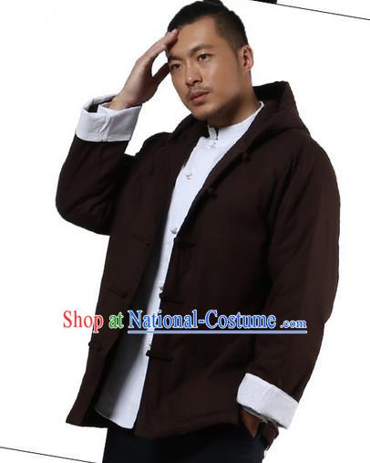 Traditional Chinese Kung Fu Costume Martial Arts Linen Hooded Coat Pulian Clothing, China Tang Suit Jackets Tai Chi Meditation Coffee Overcoat Clothing for Men