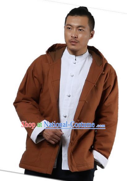 Traditional Chinese Kung Fu Costume Martial Arts Linen Hooded Coat Pulian Clothing, China Tang Suit Jackets Tai Chi Meditation Khaki Overcoat Clothing for Men