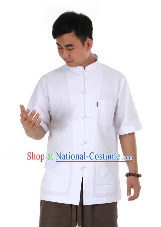 Traditional Chinese Kung Fu Costume Martial Arts Linen Short Sleeve Shirts Pulian Clothing, China Tang Suit T-Shirt Tai Chi Meditation White Overshirt for Men