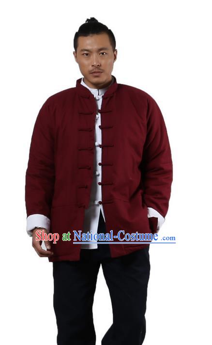 Traditional Chinese Kung Fu Costume Martial Arts Linen Plated Buttons Coat Pulian Clothing, China Tang Suit Jackets Tai Chi Meditation Red Overcoat Clothing for Men