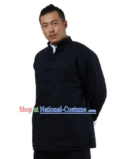 Traditional Chinese Kung Fu Costume Martial Arts Linen Plated Buttons Coat Pulian Clothing, China Tang Suit Jackets Tai Chi Meditation Navy Overcoat Clothing for Men