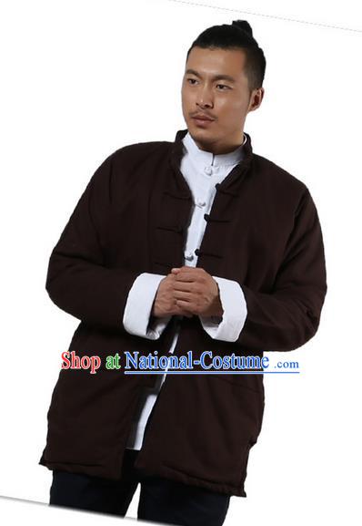 Traditional Chinese Kung Fu Costume Martial Arts Linen Plated Buttons Coat Pulian Clothing, China Tang Suit Jackets Tai Chi Meditation Coffee Overcoat Clothing for Men