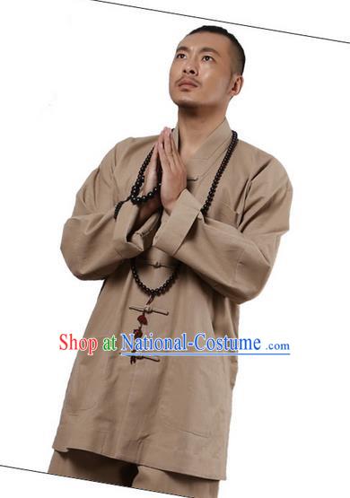 Traditional Chinese Kung Fu Costume Martial Arts Linen Plated Buttons Khaki Suits Pulian Clothing, China Tang Suit Uniforms Tai Chi Monk Meditation Clothing for Men