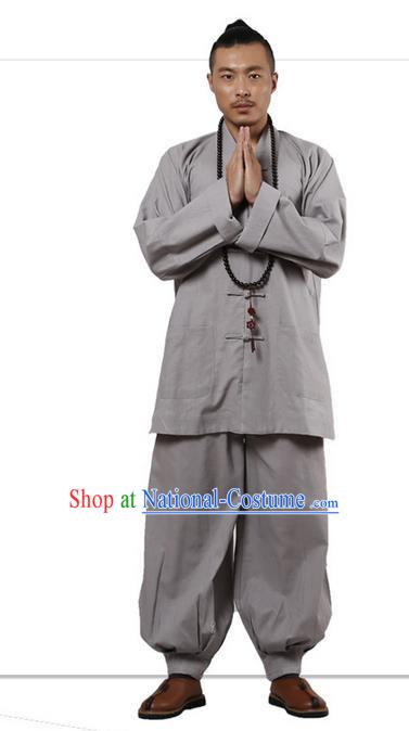 Traditional Chinese Kung Fu Costume Martial Arts Linen Plated Buttons Grey Suits Pulian Clothing, China Tang Suit Uniforms Tai Chi Monk Meditation Clothing for Men